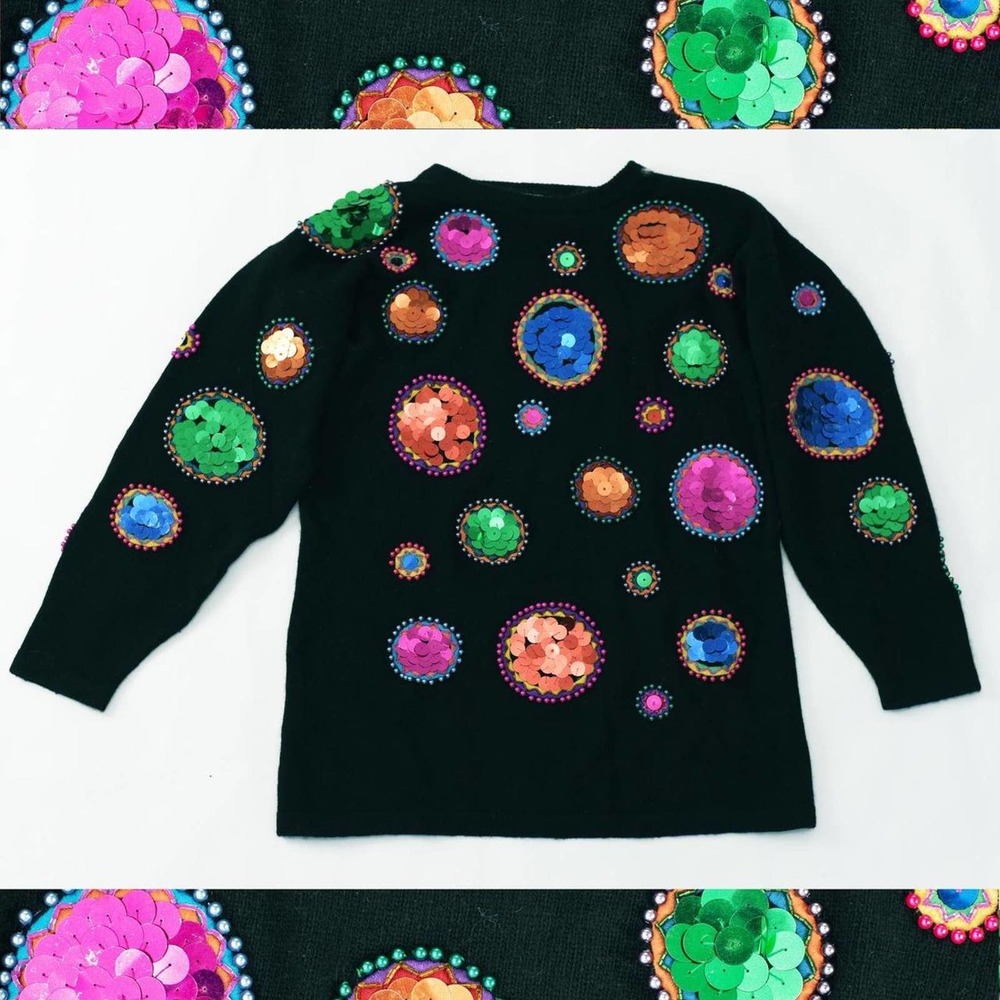 80s Vintage Cedars Lambswool Colorful Sequin Maximalist Sweater